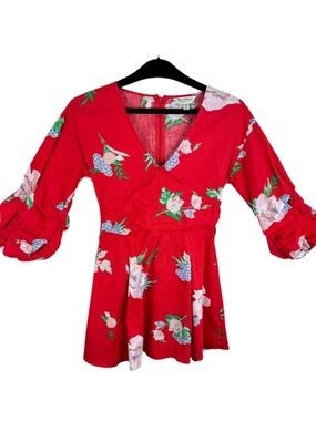 Miss Selfridge Red Floral 3/4 Ruffled Sleeve Fit & Flare Mini Dress Size 2